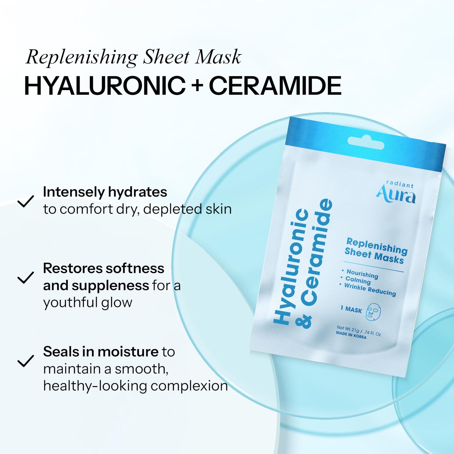 Radiant Aura Ceramide & Hyaluronic Acid Sheet Mask - Dermatologist Tested, Anti Aging, Korean Skin Care - Hydrates, Plumps Fine Lines, Supports Skin Barrier, Pre-Makeup Ready - Vegan, Clean - 5 Count