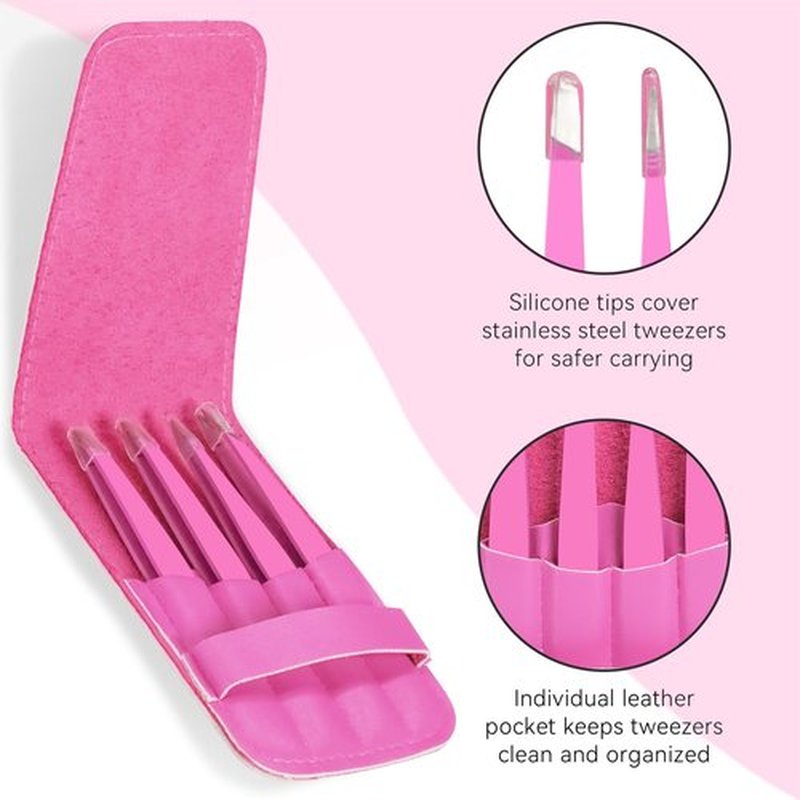 FACEMADE 4 Pack Tweezers Set - Professional Stainless Steel Tweezers for Men and Women, Precision Eyebrow Tweezers for Facial Hair, Chin, and Ingrown Hair Removal (Rose Red)
