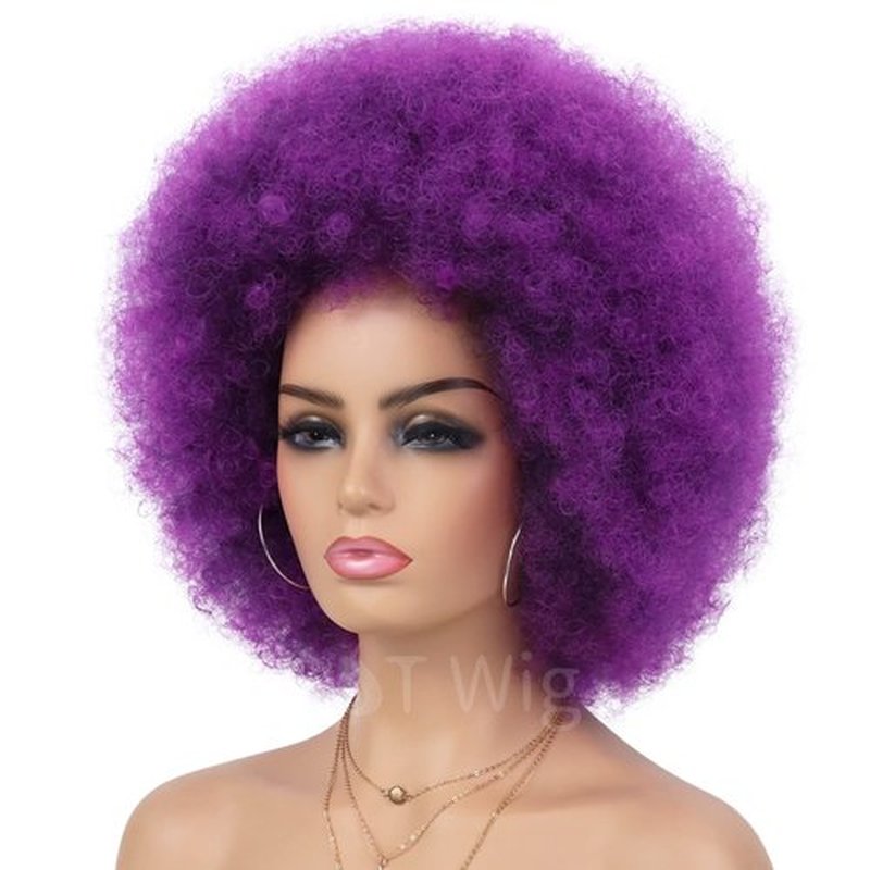 G&T Wig 70s Afro Puff Wigs for Black Women Glueless Wear and Go Wig Short Afro Synthetic Wig Fluffy Shoulder Length Heat Resistant Natural and Soft Kinky Curly Wig(Dark Purple)
