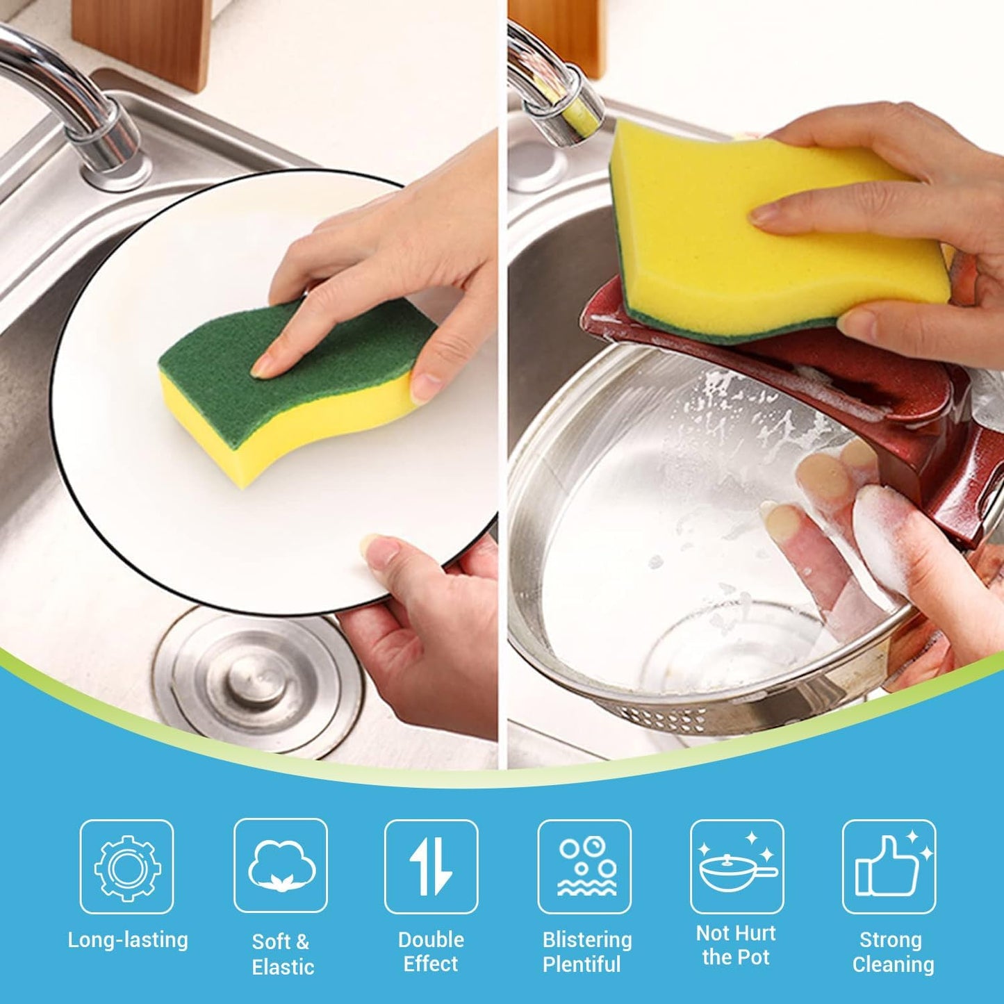Heavy Duty Kitchen Sponges - 24 Pack Stink-Free Dish Scrubber for Home & Pots/Pans Cleaning