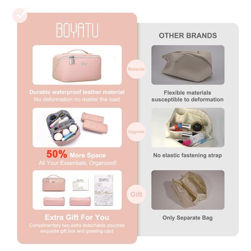 Travel Makeup Bags Cosmetic Organizer Bag: Large Capacity Make up Bag Set of 3 - Vegan Leather Toiletry Bag for Women - Portable Makeup Organizer with Compartments & Handle & Divider (1 Pink)