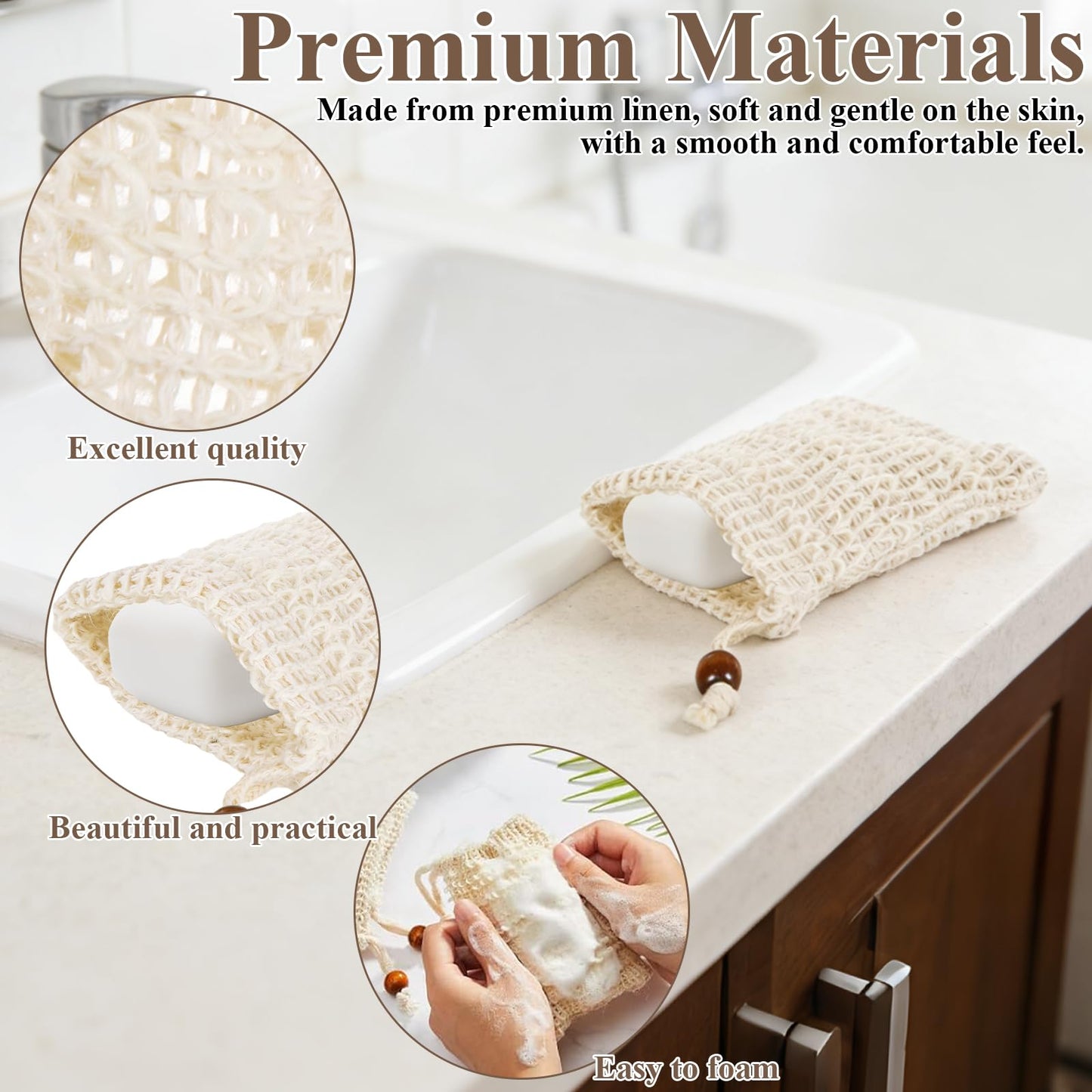 STARVAST 80PCS Soap Bag, Soap Saver Bag, Soap Net for Bar Soap with Drawstring Bar Wooden Bead Foaming and Drying Exfoliating Net for Bath and Shower (3.5x5.5 Inch), Cotton and Linen