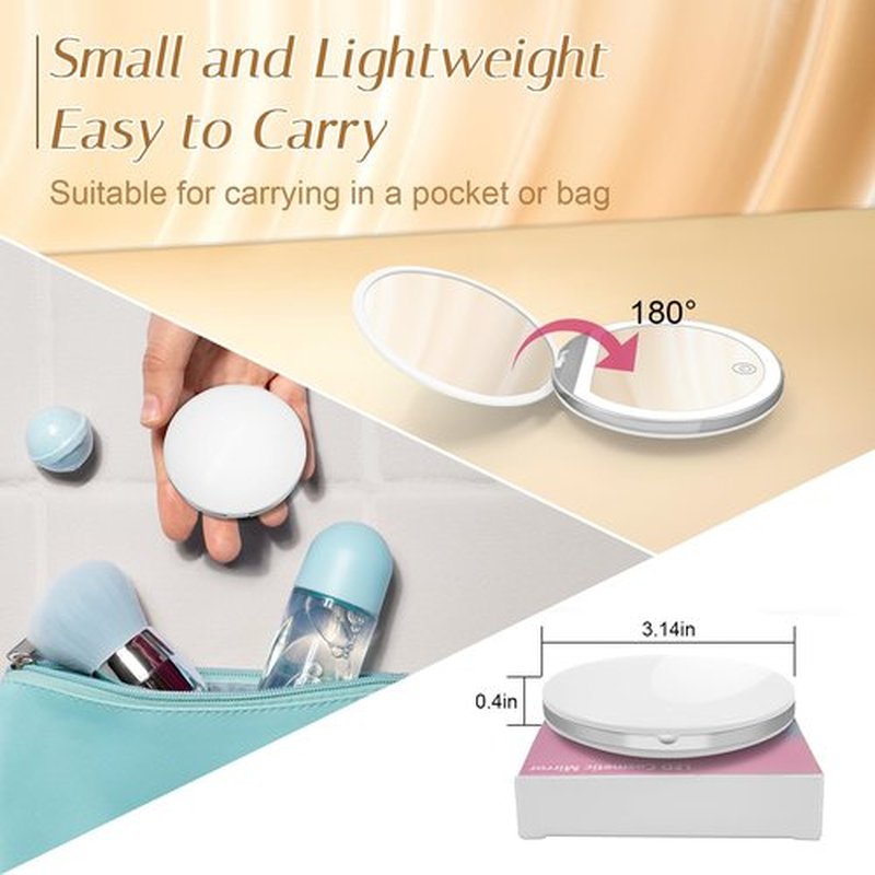 Kakuje Compact Mirror with Light, 1X/3X Magnification LED Pocket Mirror with USB Data Cable,Mini Mirror for Purse, Pocket,Travel and Present (White)