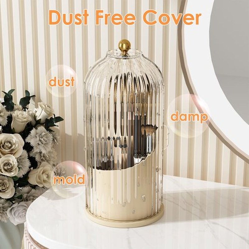 YOOLENS Makeup Brush Holder Organizer with Lid,360 Rotating Clear Dustproof Makeup Brushes Organizer for Vanity Desktop Bathroom Countertop, White Beige