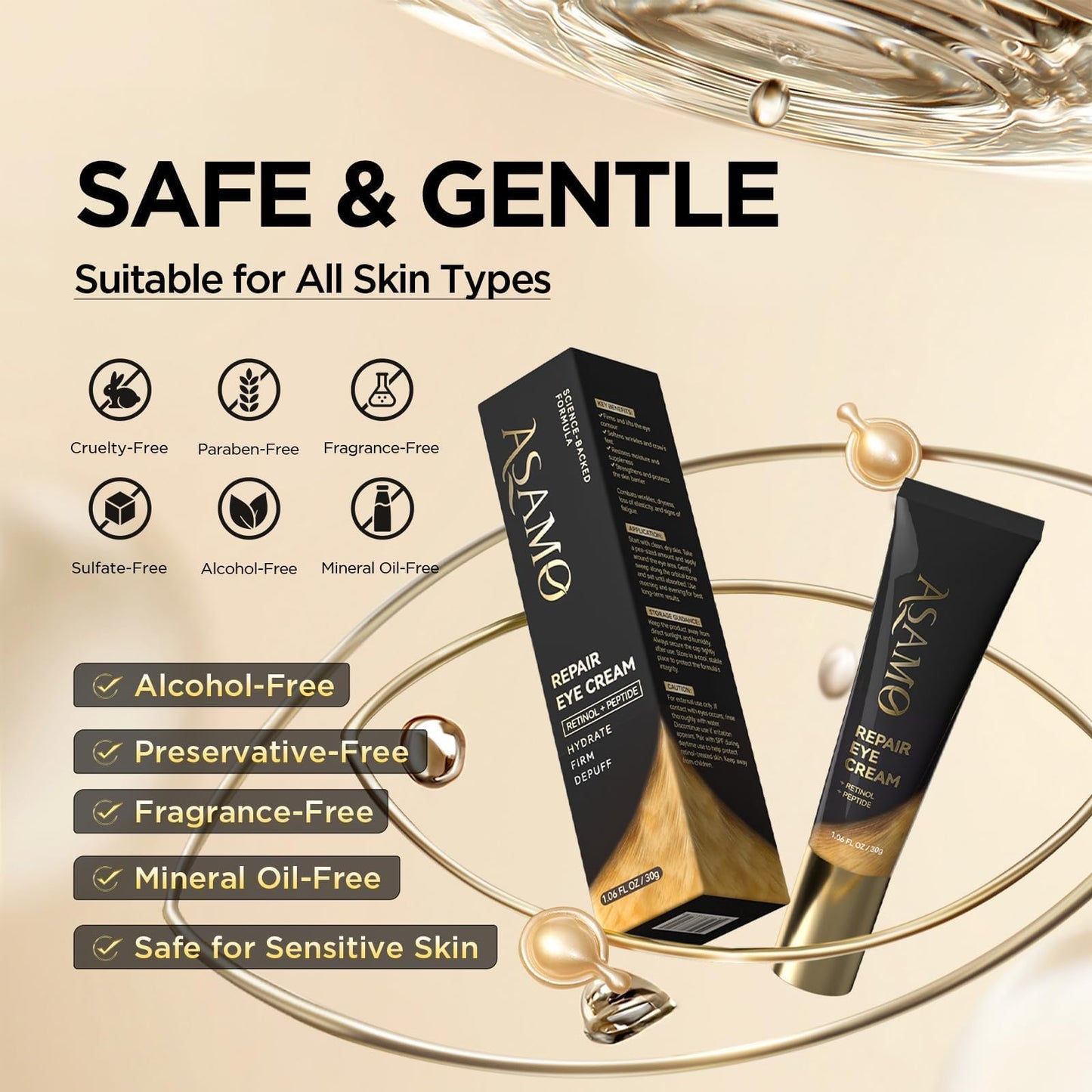 ASAMO Retinol Eye Cream – Retinol and Peptides for Fine Lines, Puffiness, and Under-Eye Shadows, Anti Aging, Eye Care Daily Wrinkle Cream,1.06 fl.oz