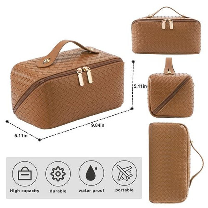 ALEXTINA Large Capacity Travel Cosmetic Bag - PU Leather Makeup Organizer Bag Portable Woven Makeup Bags for Women Waterproof Travel Toiletry Bag with Divider Pouch, Brown