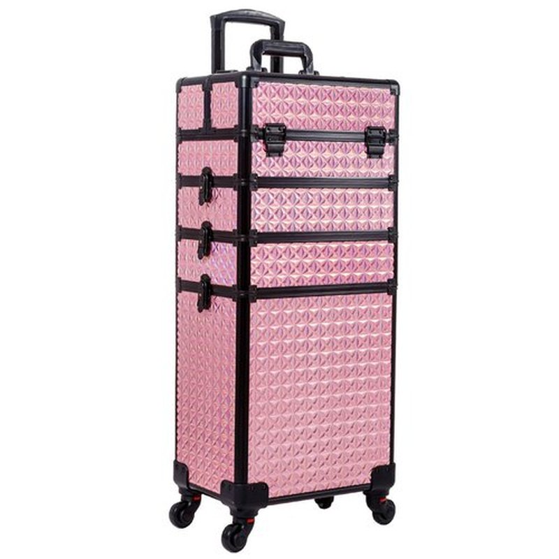 AROUS 5 in 1 Professional Makeup Train Case Aluminum Cosmetic Case Rolling Makeup Case Extra Large Trolley Makeup Travel Organizer, with 360° Swivel Wheels, Pink, JG0001