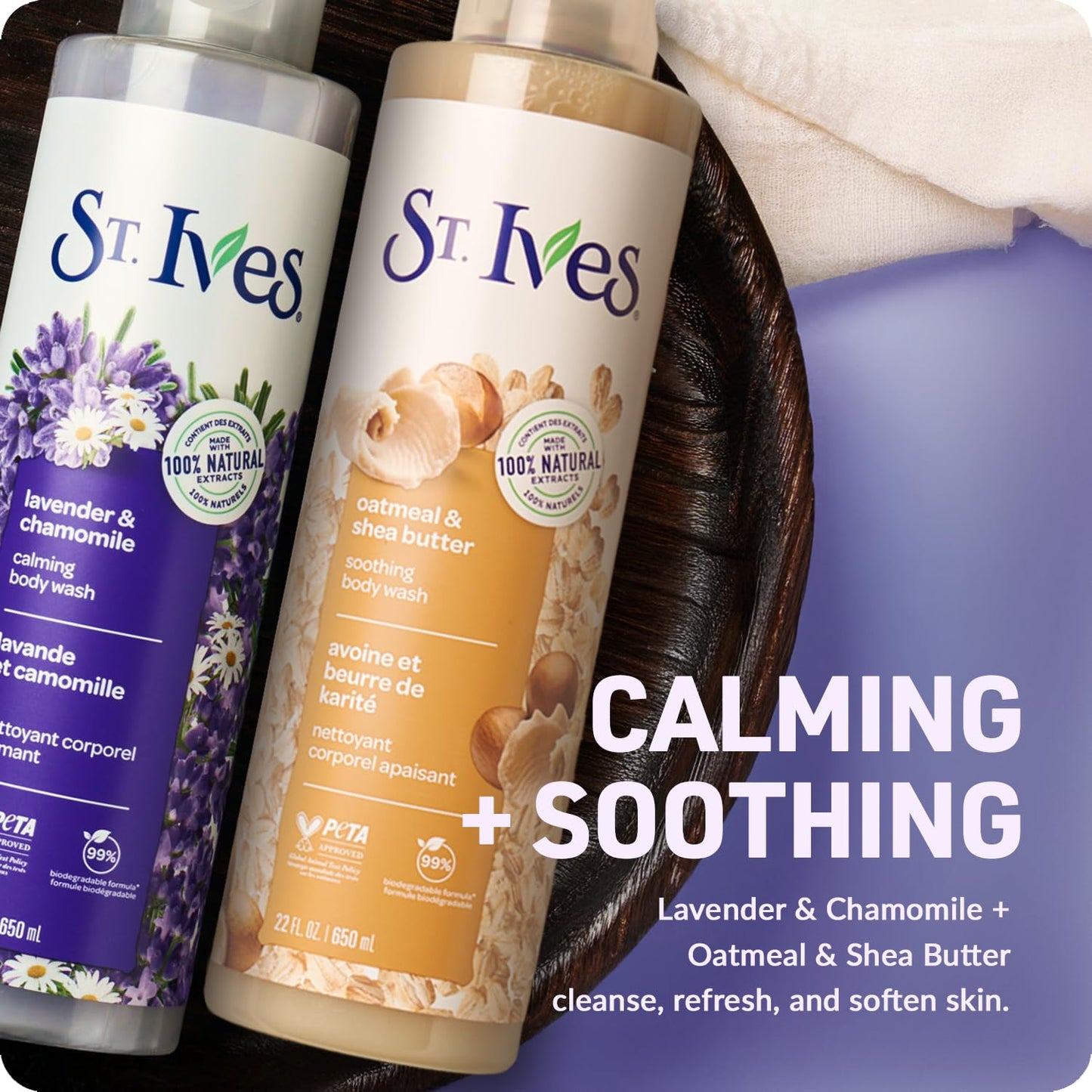 St. Ives Body Wash Variety 2-Pack – Soothing Oatmeal & Shea Butter + Calming Lavender & Chamomile, 100% Natural Extracts, Cruelty-Free, 22 Oz Ea