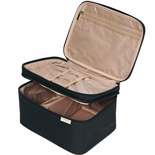 NISHEL Large Double Layer Travel Makeup Bag Women, Large Cosmetic Case, Organizer for Travel-Size Accessories Bottles, Brushes, Conditioner, and Skin Care Products, Black