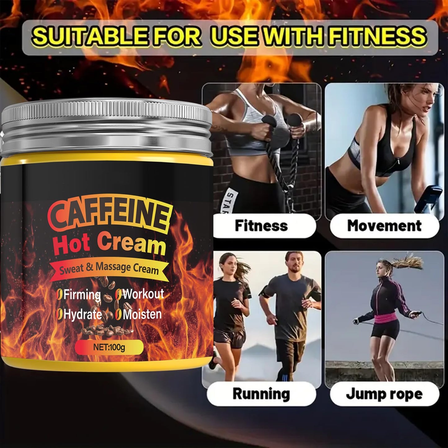 Caffeine Hot Cream，Sweat & Massage Cream，Belly Fat Burner Sweat Enhancer，Burns cellulite on thighs, legs, abdomen and buttocks，Suitable for both men and women，100g