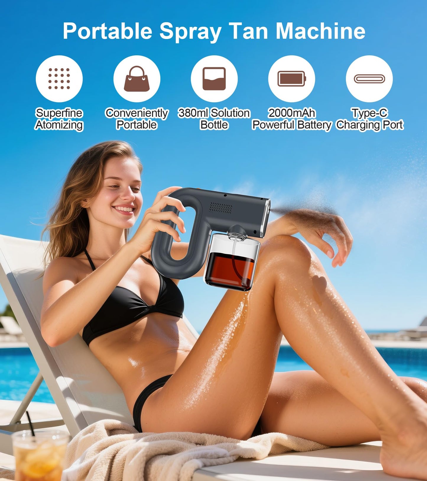 Portable Spray Tan Machine, Spray Tan Gun, Even Atomization, Adjustable Three Different Strength Spray Levels, Type-C Charge Handheld Spray Tanning Gun For Travel Salon Beach Home Mobile Use Dark Grey