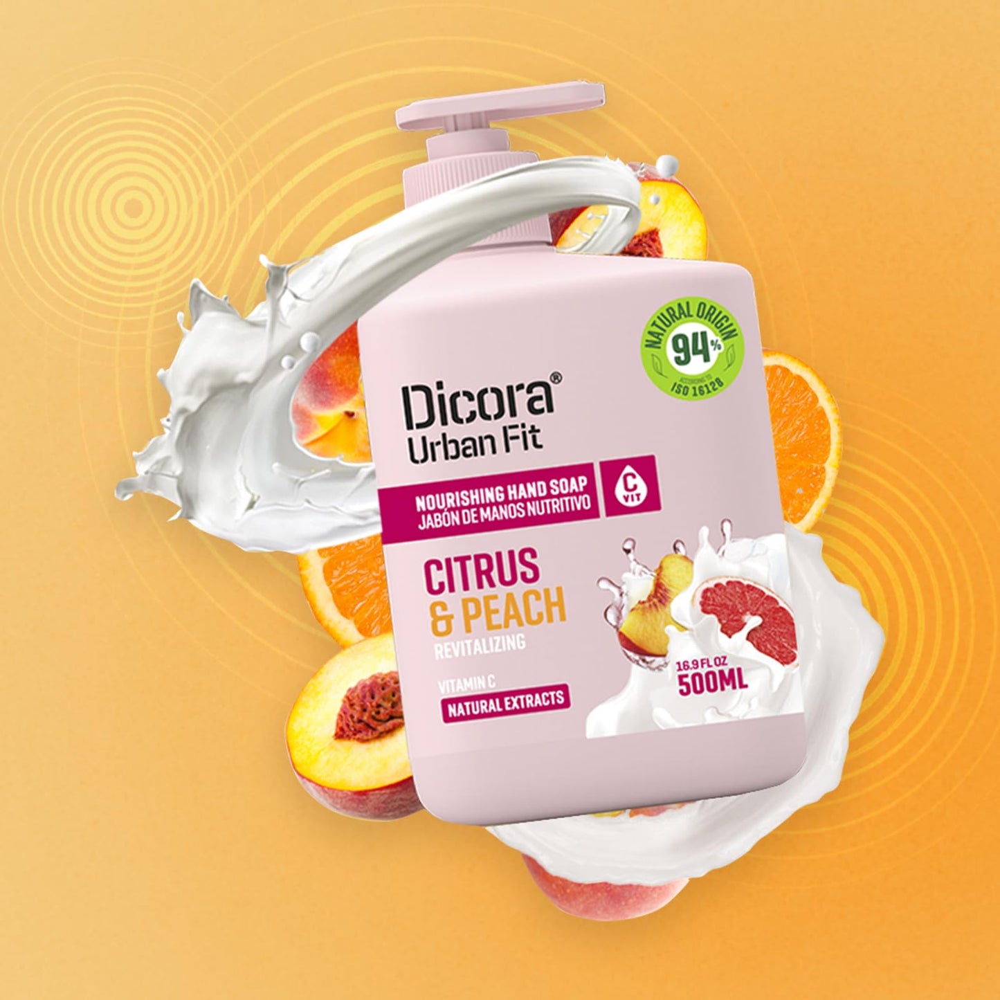Dicora Urban Fit Nourishing Hand Soap - Hand Wash for Hydrated Skin - Vitamin C Enriched Sanitizer with Fruit Extract - Citrus and Peach - 16.9 oz