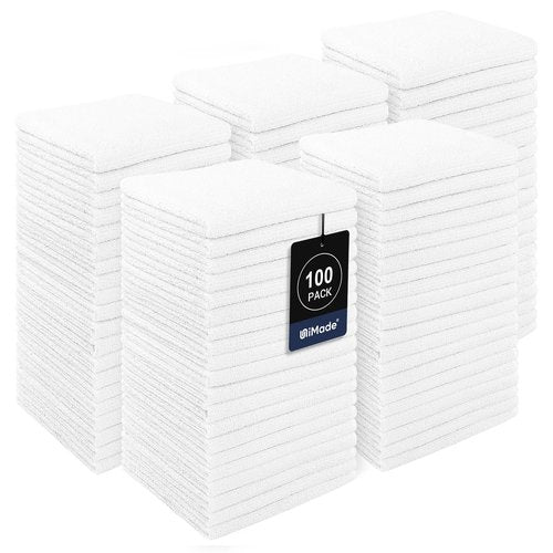 UNIMADE Washcloths Bulk - 100 Pack - Face Towels (12" x 12"), Highly Soft Wash Cloths and Hand Towels, Fast Drying Multi-Purpose Microfiber Cleansing Cloths for Bathroom, Hotel, Spa, and Salon - White