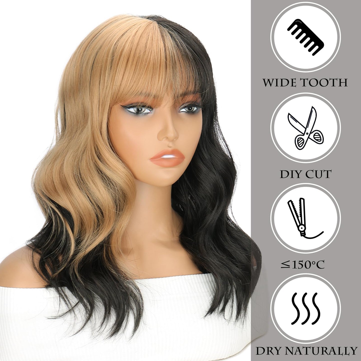 LINGHANG Black and Blonde Wig for Women Shoulder Length Wavy Wigs with Bangs Women's Synthetic Wigs Heat Resistant Hair for Cosplay Halloween Daily Party Use