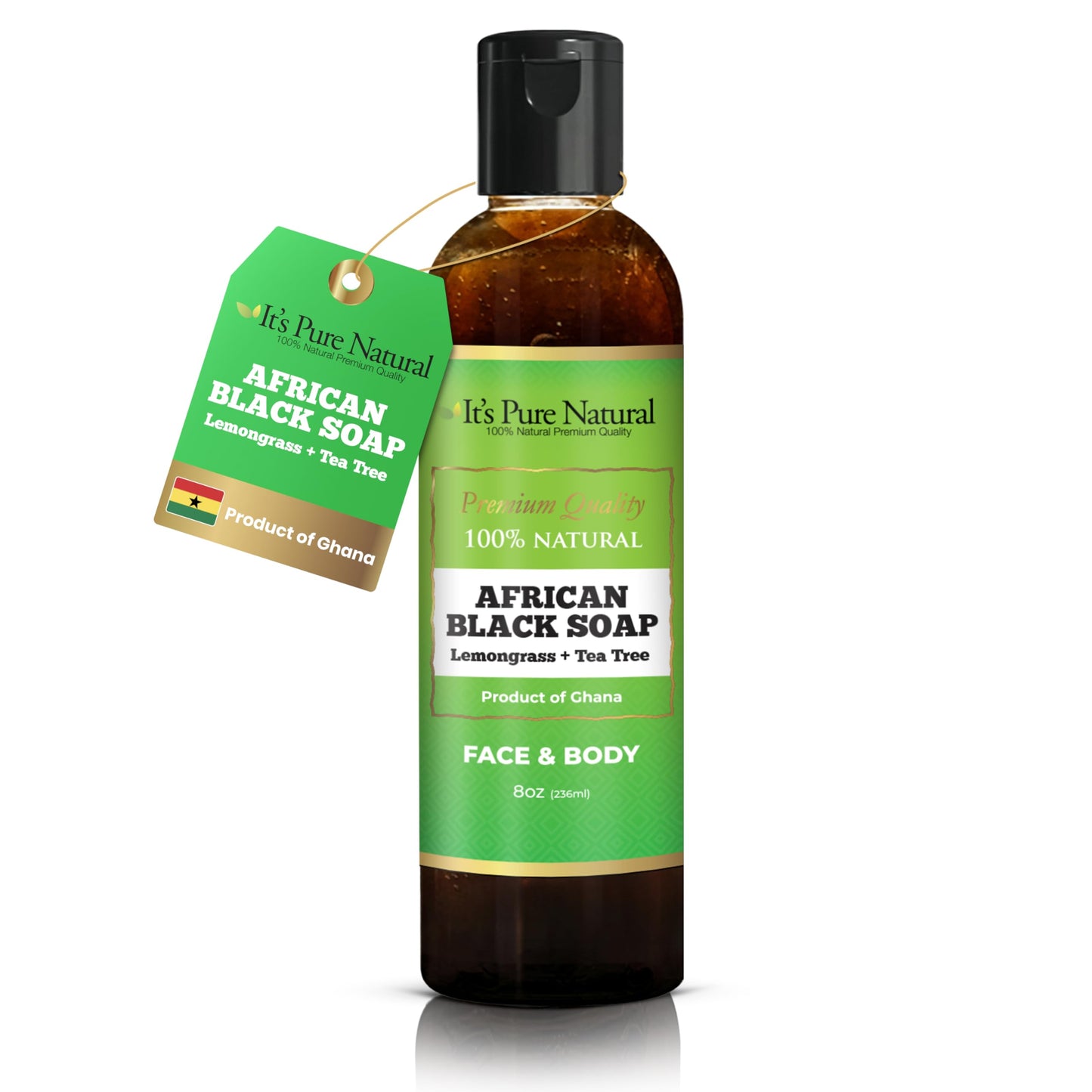 It's Pure Natural African Black Soap, Liquid Form, Traditional Handmade Raw Soap with Shea Butter and Coconut Oil, Face and Body Cleanser, (8oz, Lemongrass + Tea Tree)