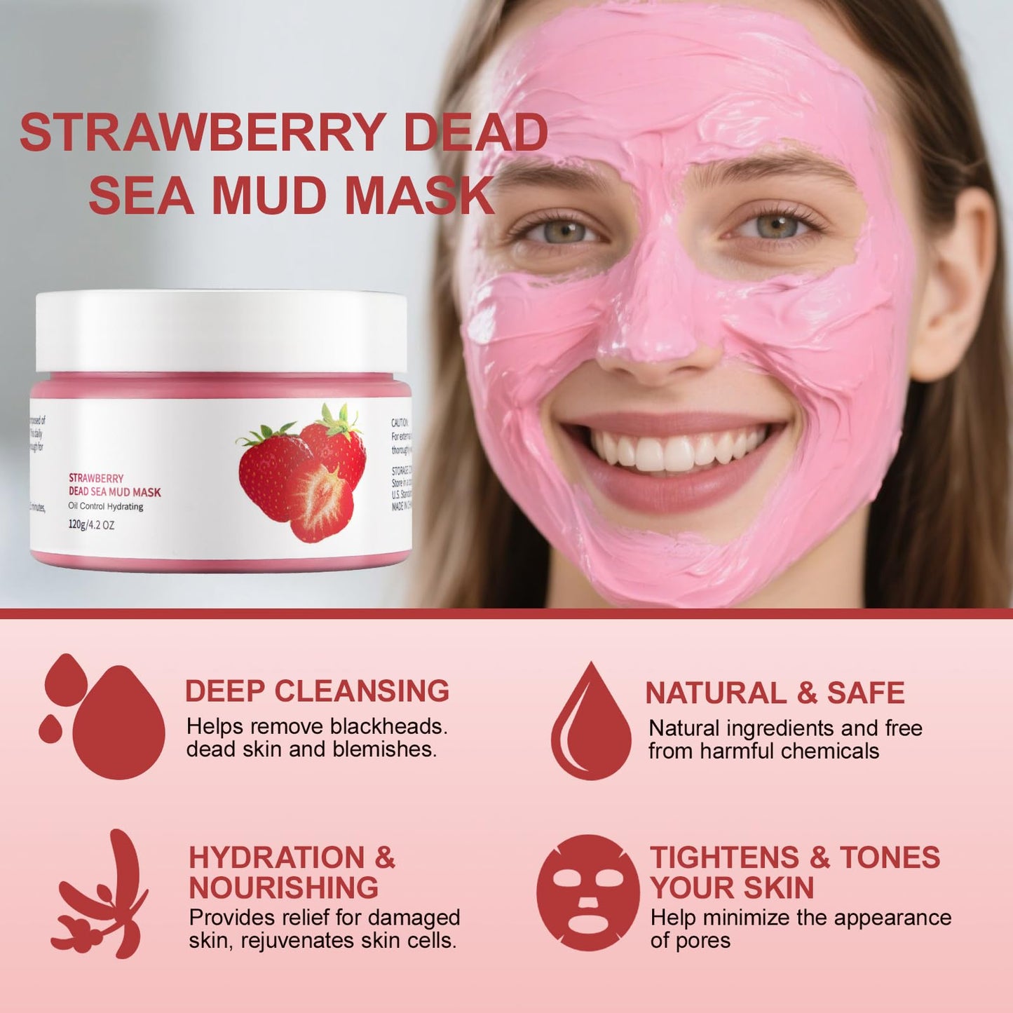 GUOYAOLIFU Clay Mud Face Mask for Women,Strawberry Dead Sea Mud Facial Mask Skincare,Deeping Cleansing,Oil Control,Hydrating Face Cleaning Clay Masks for All Skin Types (4.2OZ)