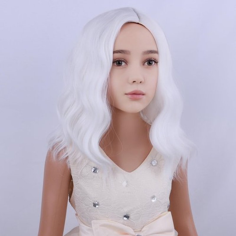 DUDUWIG White Wig for Kids Girls Short White Wavy Curly Wig Child White Side Part Wig for Dress Up Party Cosplay Synthetic Wigs Hairnet Include