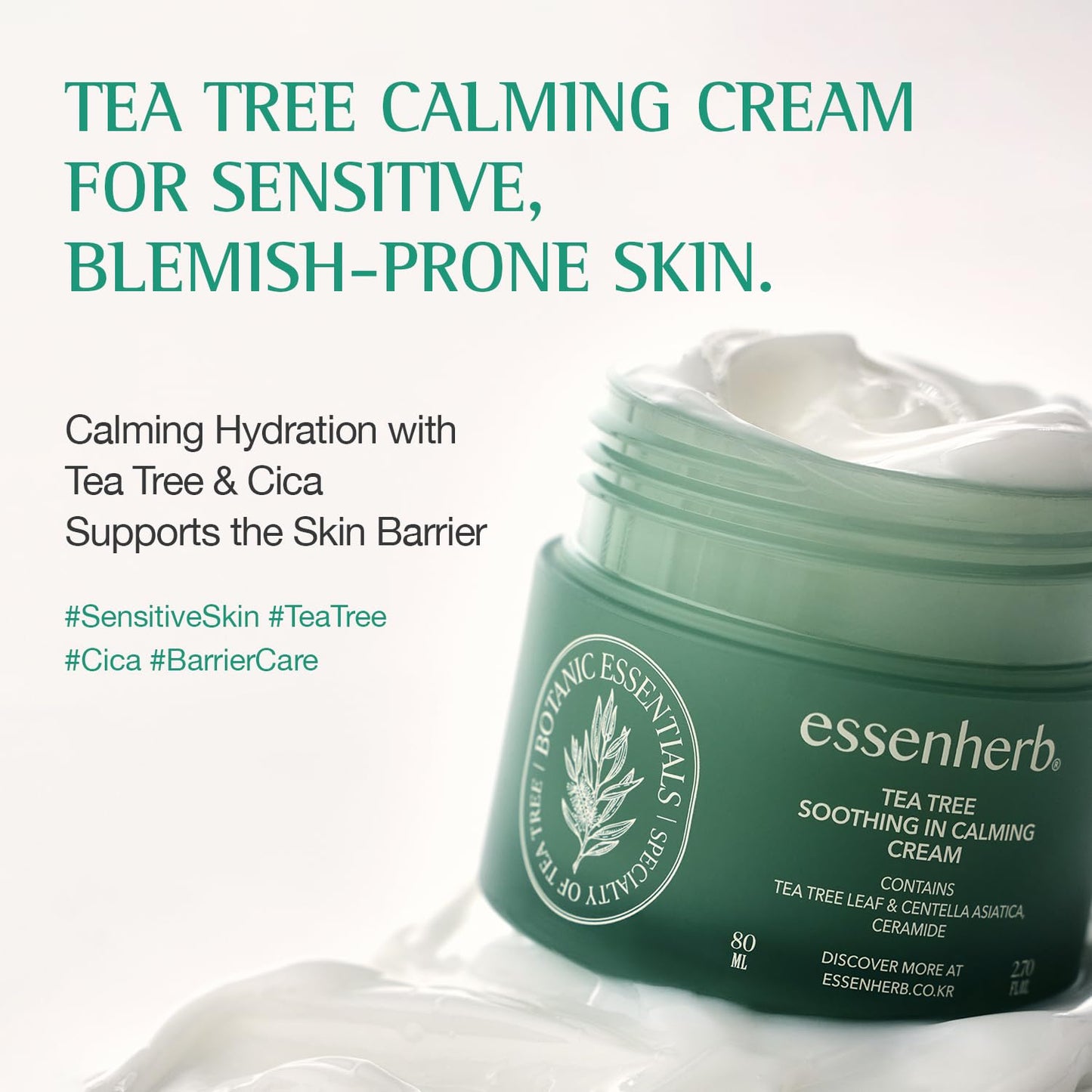 ESSENHERB Tea Tree Calming Cream for Acne-Prone & Sensitive Skin | Soothing & Blemish Care with Cica, Madecassoside & Panthenol | Korean Skincare 2.70 fl oz