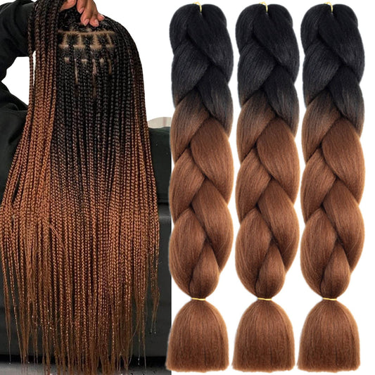 TENGSHUO FLY Black to Dark Brown Braiding Hair 3 Packs Synthetic Braid Hair Extensions Jumbo Ombre Braiding Hair 24 Inch or Box Braids Twist Crochet Braids(24"3Pack,Black to Dark Brown)