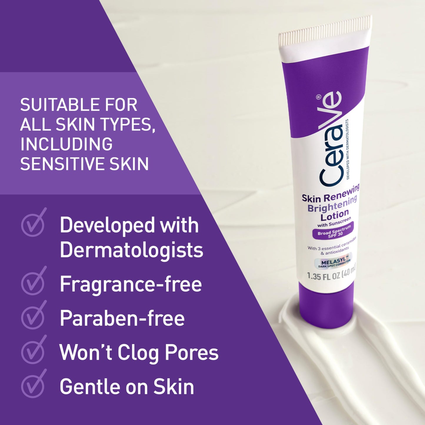 CeraVe Skin Renewing Brightening Lotion SPF 30, Anti Aging Facial Moisturizer Hydrates, Brightens and Evens Skin Tone, Contains Ceramides + Niacinamide + Antioxidants, Fragrance-Free, 1.35 fl oz