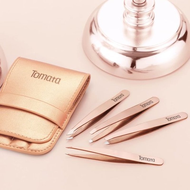 Tomata Tweezers for Eyebrows, Slant Tip and Pointed Eyebrow Tweezer Set Great Precision for Eyebrows Facial Hair, Ingrown Hair, Splinter, Blackhead and Tick Remover (4-piece) (Gold)