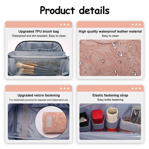Travel Makeup Bags Cosmetic Organizer Bag: 3-Set Large Capacity Make up Bag - PU Leather Toiletry Bag for Women - Wide Open Portable Pouch with Divider & Handle (01-Z-Pink)