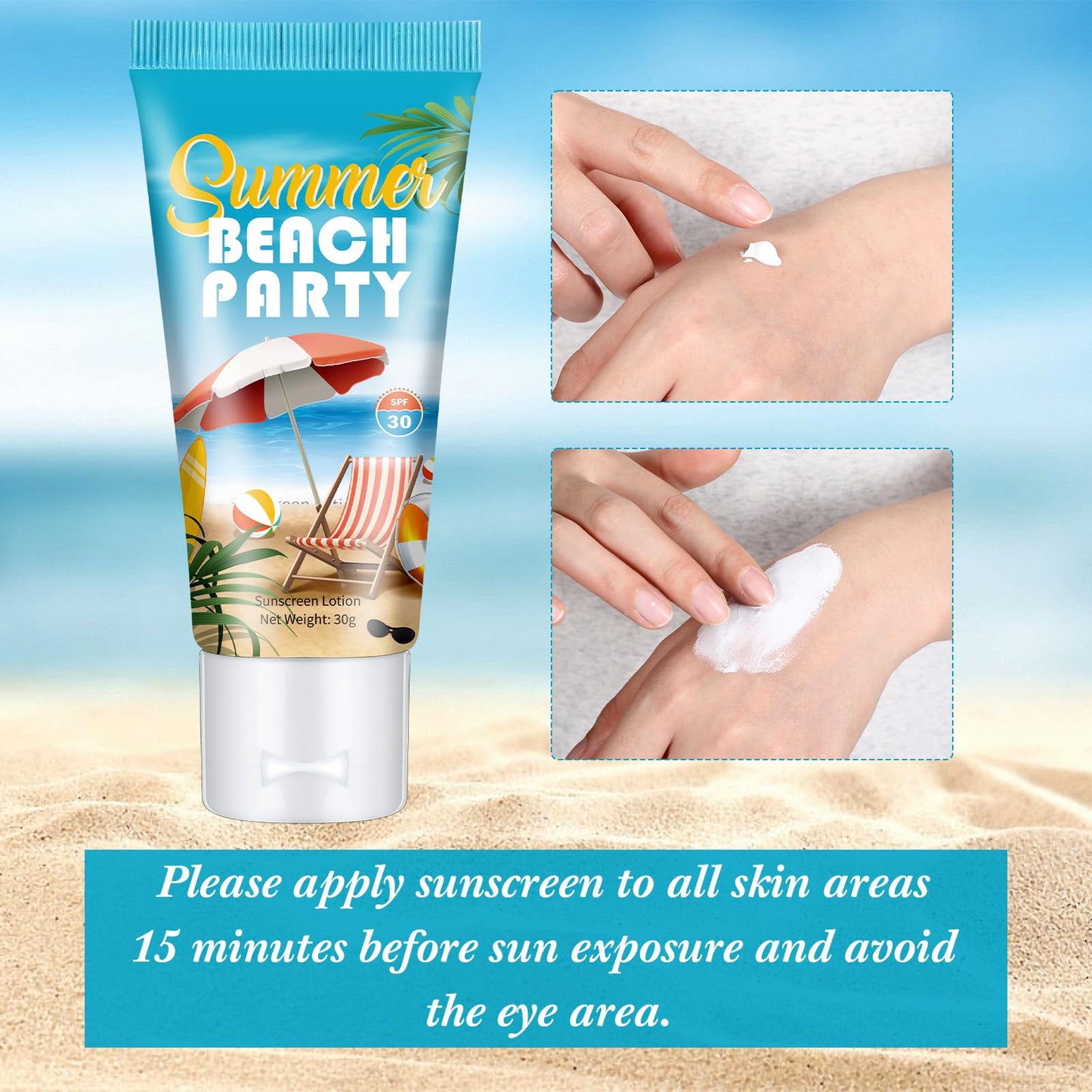 Dansib 72 Pcs Mini Sunscreen Bulk for Summer Party Wedding SPF 30 Water Resistant Sunscreen Lotion Bulk 1oz Travel Size for Thank You Gifts Wedding Supplies (Beach Fiesta)