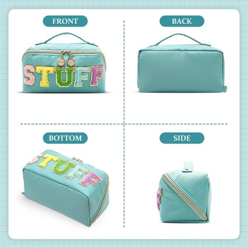 LONEDREAM Stoney Clover Preppy Makeup Bag, Large Capacity Travel Cosmetic Bag, Chenille Letter Open Flat Nylon Bag, Mint