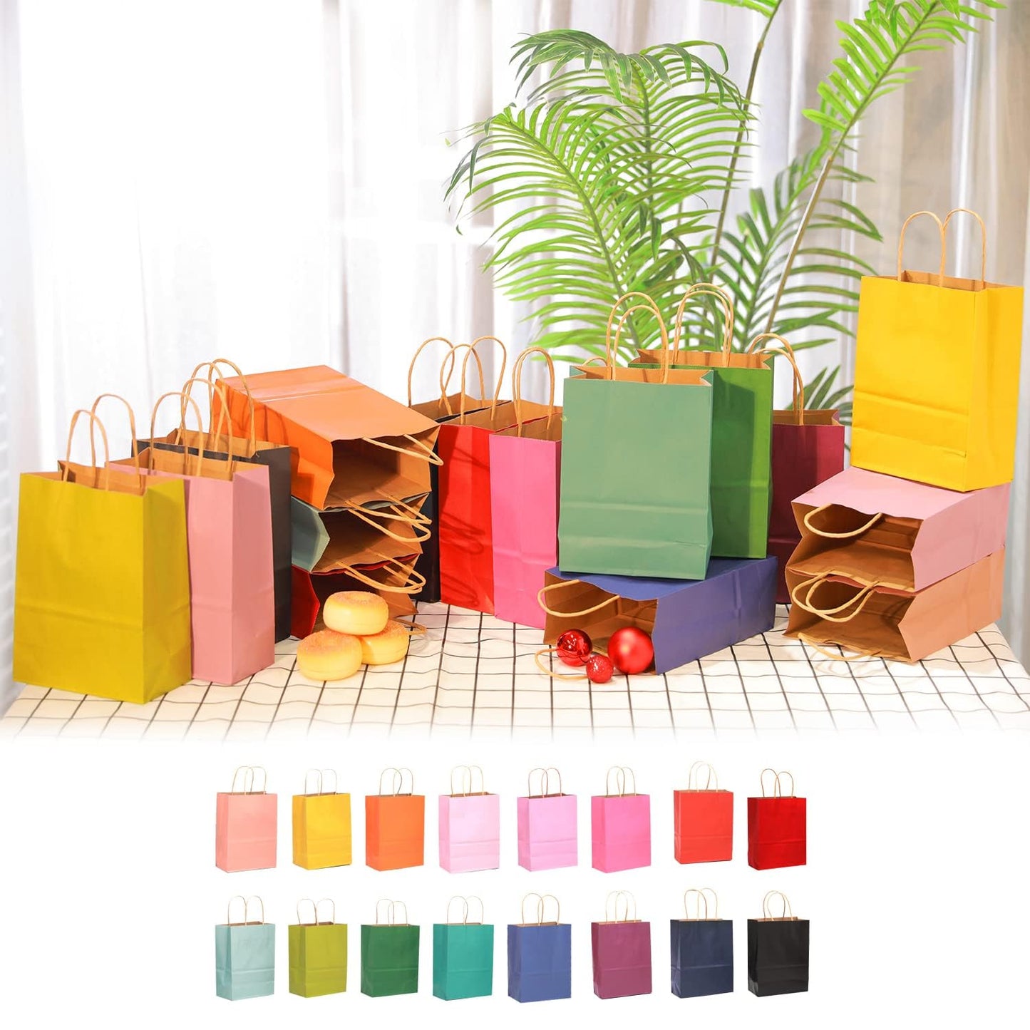 qiqee Medium Size Paper Gift Bags With Handles 10.6"x8.3"x4.3" 16 Solid Colors Party Favor Bags（16-Packs）