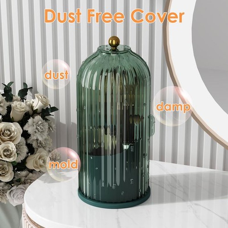 YOOLENS Makeup Brush Holder Organizer with Lid,360 Rotating Clear Dustproof Makeup Brushes Organizer for Vanity Desktop Bathroom Countertop, Green