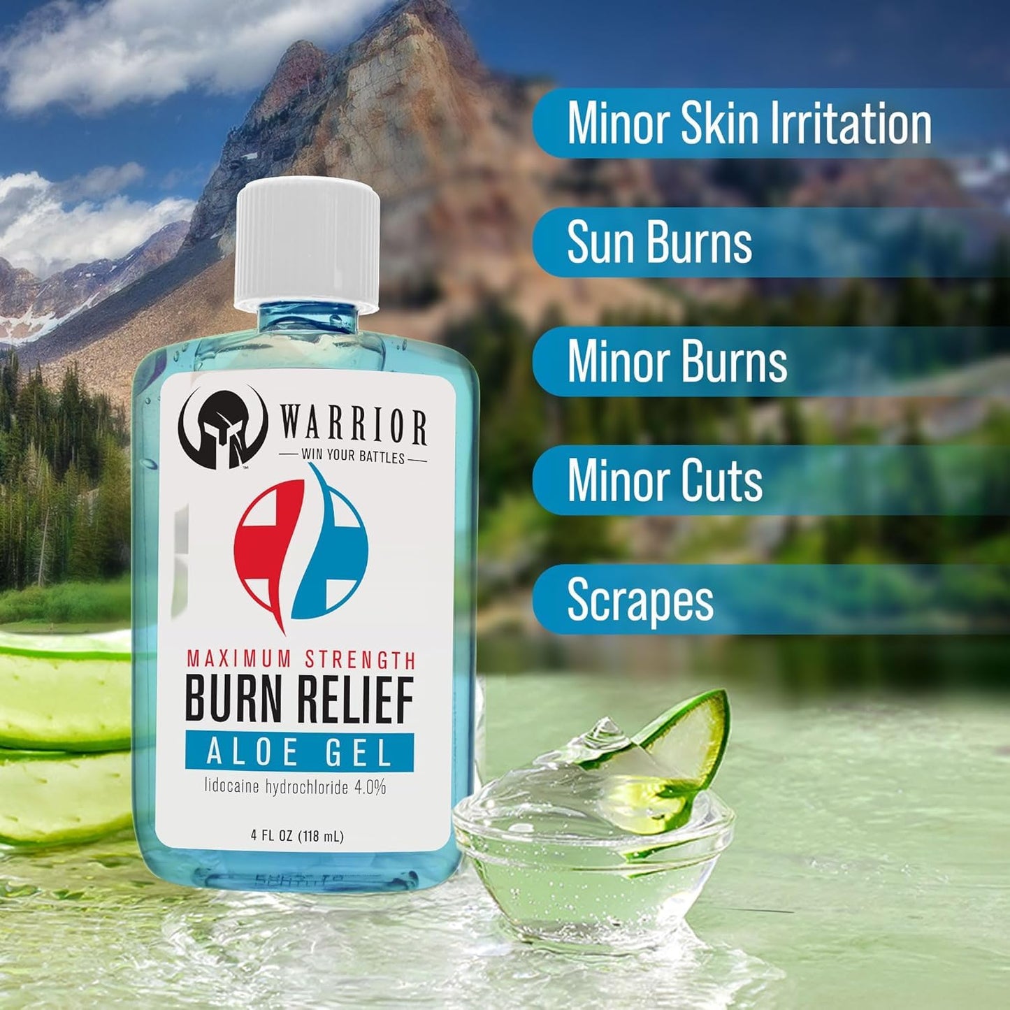 WARRIOR -WIN YOUR BATTLES- Burn Relief Gel for Skin Made in USA Aloe with Aloe Vera Gel with Lidocaine 4% Highly Effective for Sunburns, Insect Bites Relief Fragrance Free (4 FL OZ)