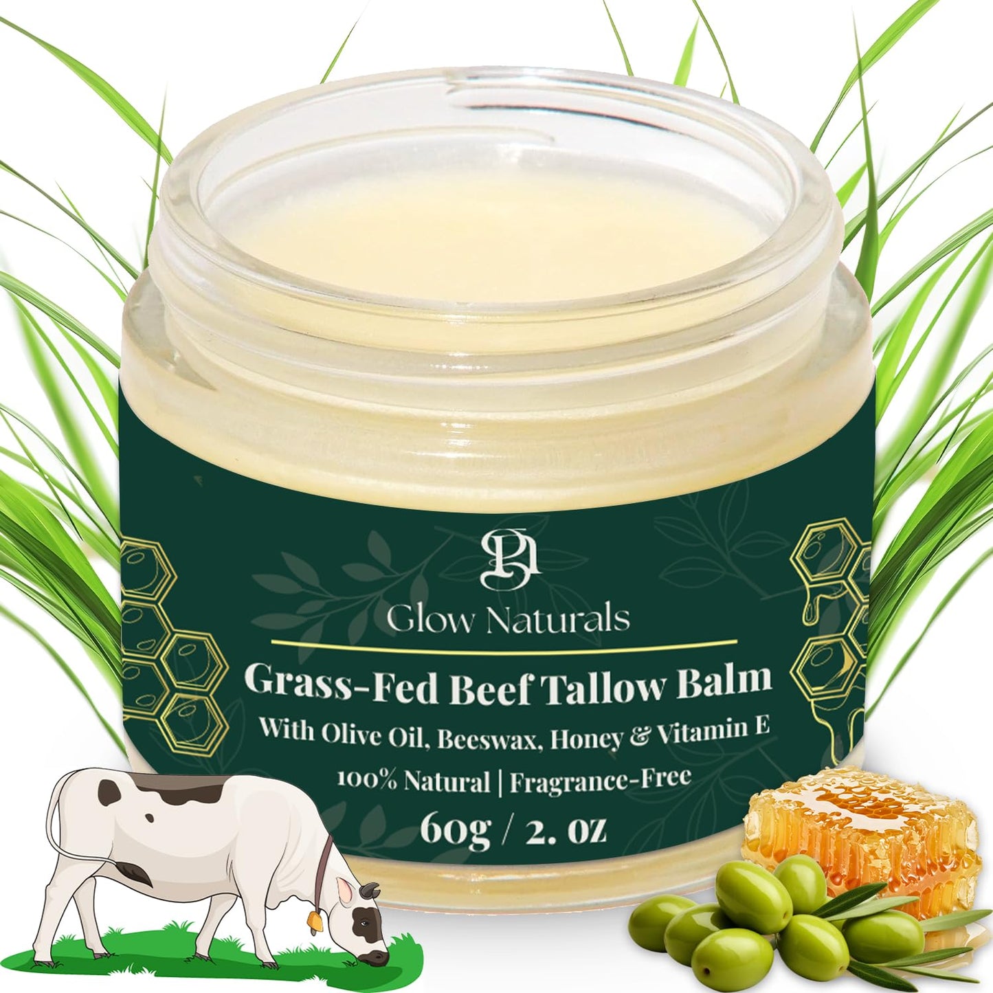 Glow Naturals Beef Tallow For Skin - 2 oz Fragrance Free Tallow And Honey Balm With Olive Oil, Beeswax & Vitamin E - Grass Fed Beef Tallow For Face, Body & Dry, Sensitive Skin