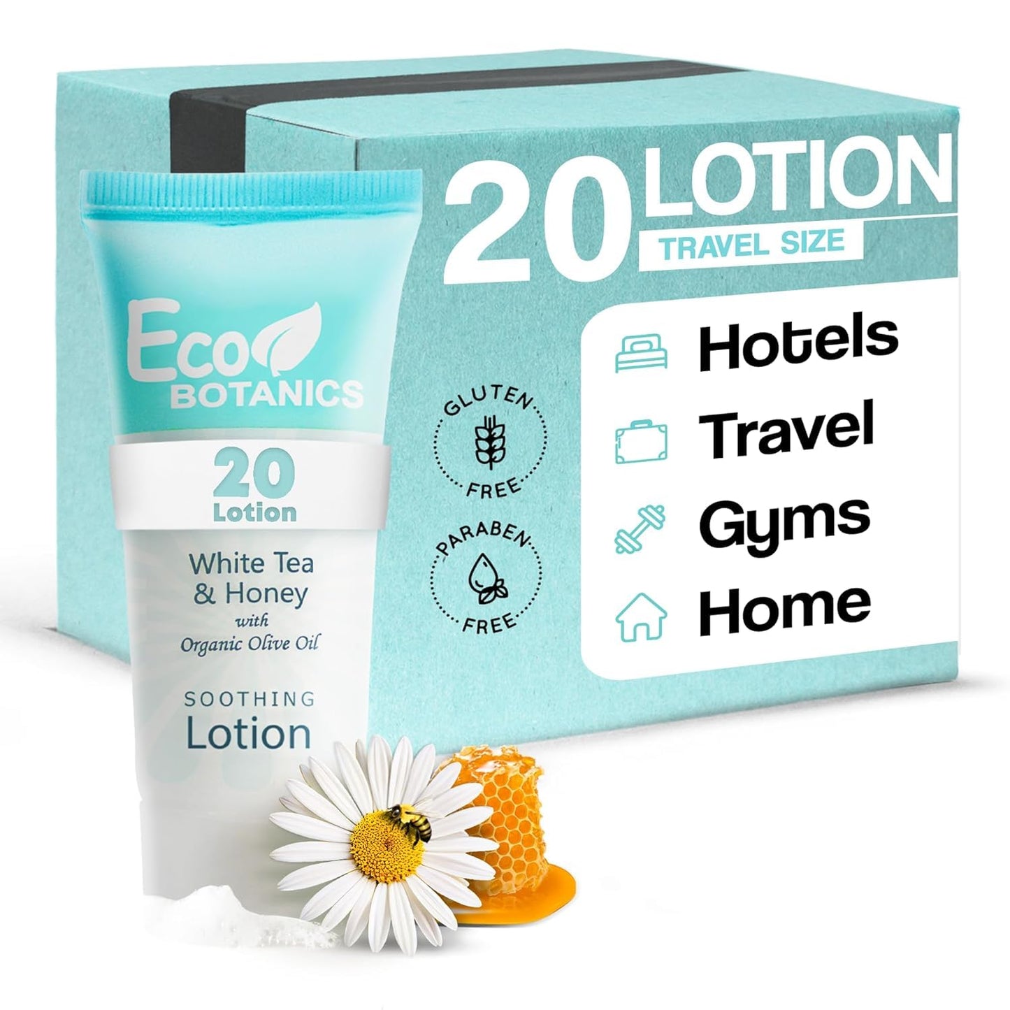 Travel Size Hotel Lotion 20 Count 0.85 oz Bottles Guest Amenities | Vacation Rentals and Short Term Rentals Paraben Free White Tea Scent Infused with Aloe Honey and Olive Oil by Eco Botanics