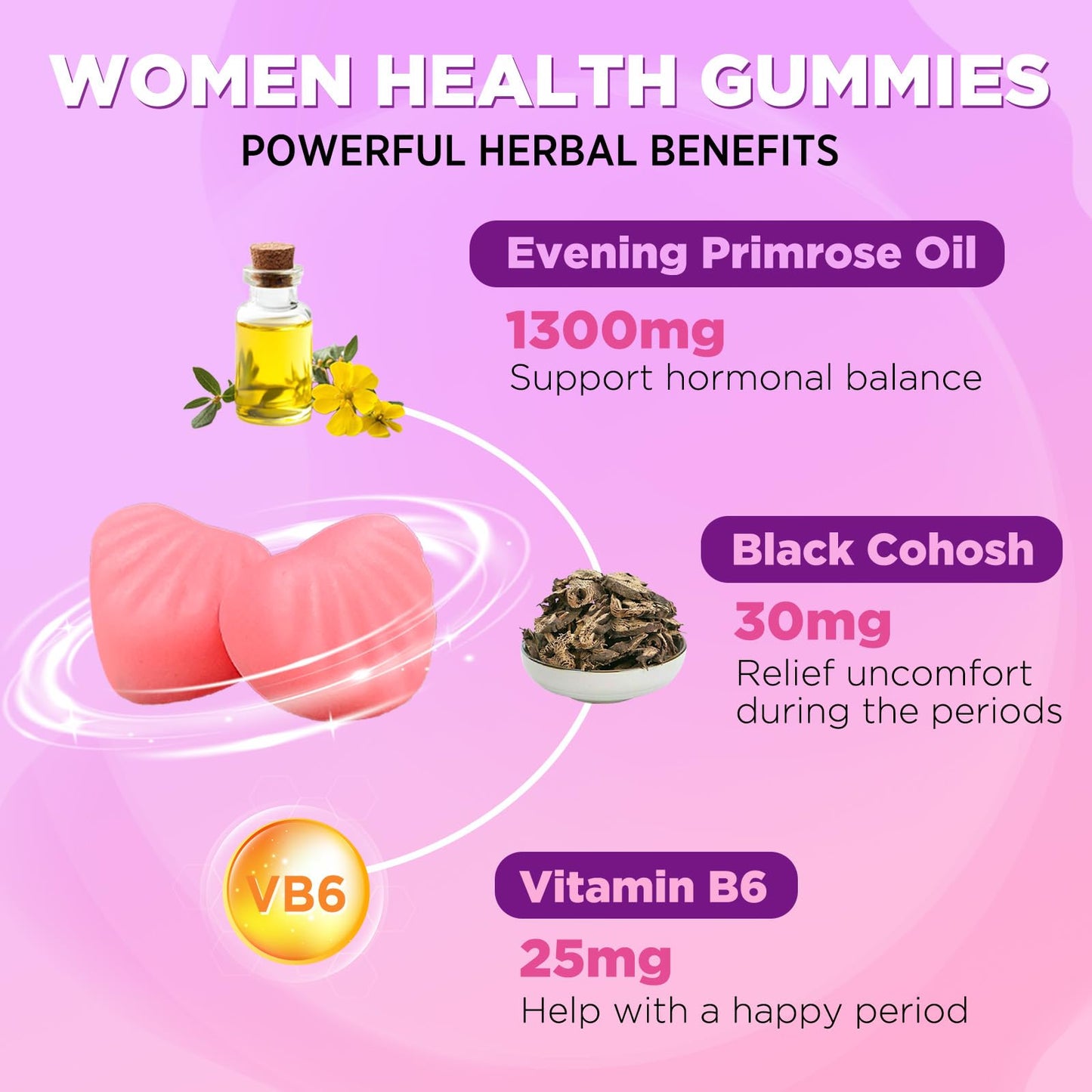 GREABBY Evening Primrose Oil Gummies 1300mg with Black Cohosh & Vitamin B6, Sugar-Free, PMS Relief Supplements for Women 20-45, Chewable PMS Gummies, Strawberry Flavor, Vegan, Pectin, 60 Count