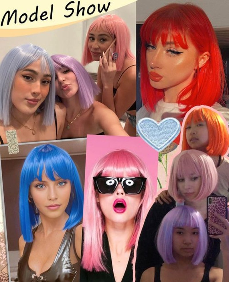 MeaYOO Red Wig with Bangs for Women,12 Inch Red Bob Wig Short Wigs Natural Looking Straight Synthetic Heat Resistant Fiber Wigs for Girls Daily Party Use Shoulder Length Colorful Wig Cosplay Wigs
