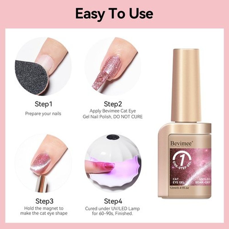 Bevimee Cat Eye Gel Nail Polish, 12ML Magnetic Pink Glitter Cateye Gel Polish Shimmer Crushed Ice Effect, 3 In 1 No Base/Top Coat Required - Soak Off UV Gel For Spring/Summer Nail Art Manicure