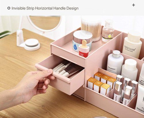 Simbuy Makeup Organizer for Vanity— Bathroom Countertop Cosmetics Organizer with Drawers for Lipstick, Brushes, Lotions, Eyeshadow, Nail Polish and Jewelry (Pink)