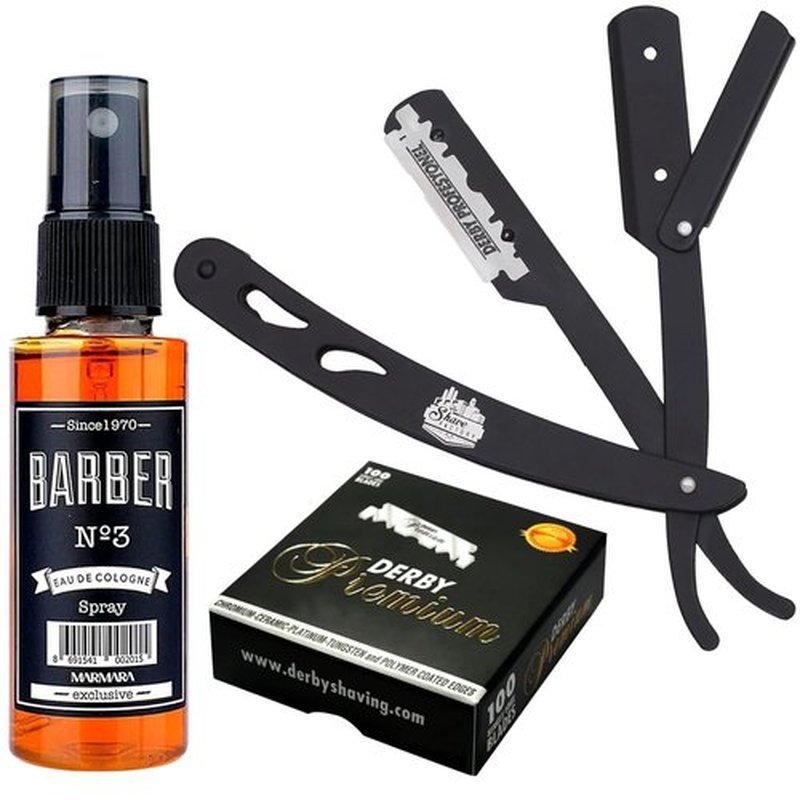 The Shave Factory Straight Edge Razor Kit (Black/Barber No3 Cologne 50ml / 100 Derby Premium Single Edge Razor Blades)