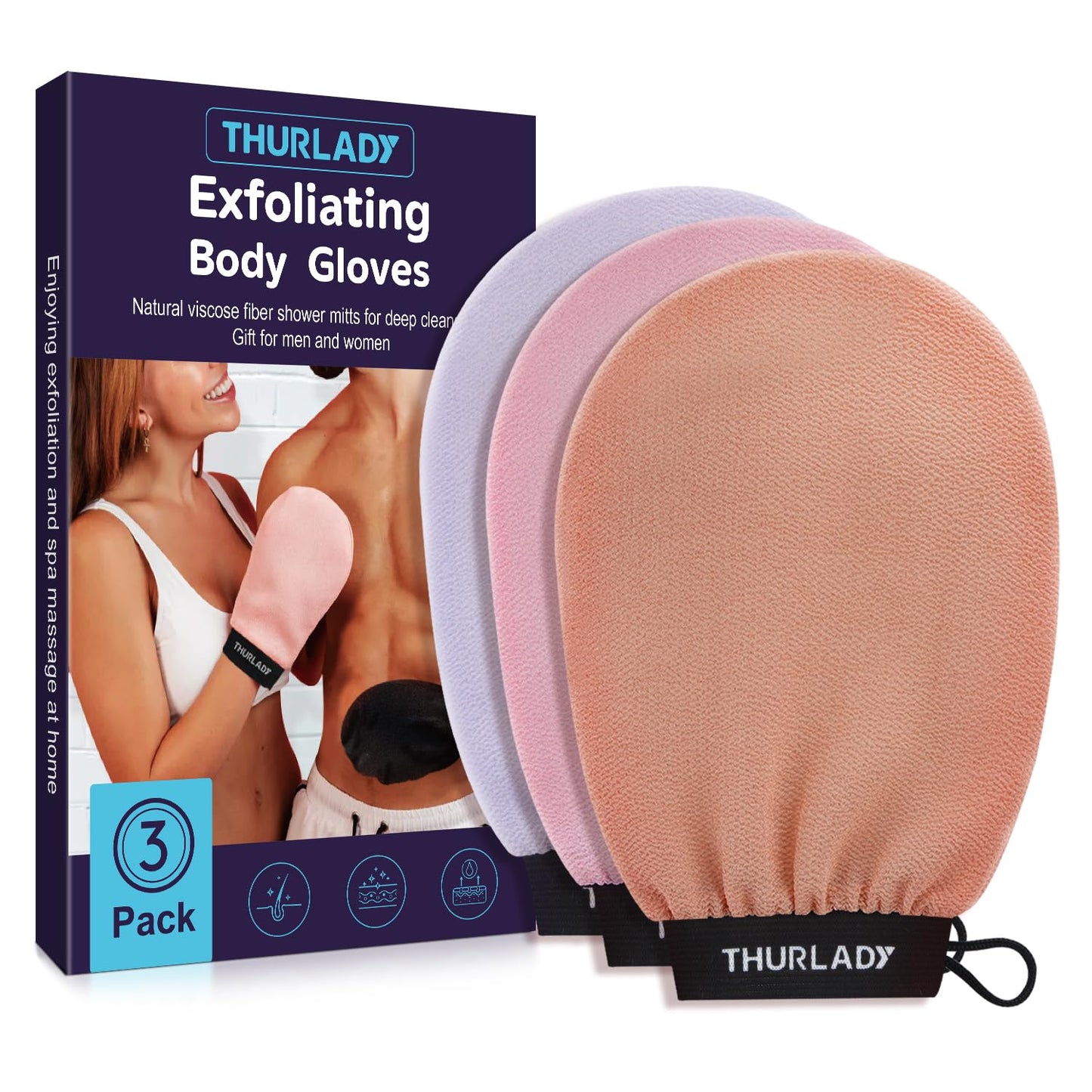 THURLADY Exfoliating Glove, Korean Exfoliating Mitt, Body Scrub, 3ct