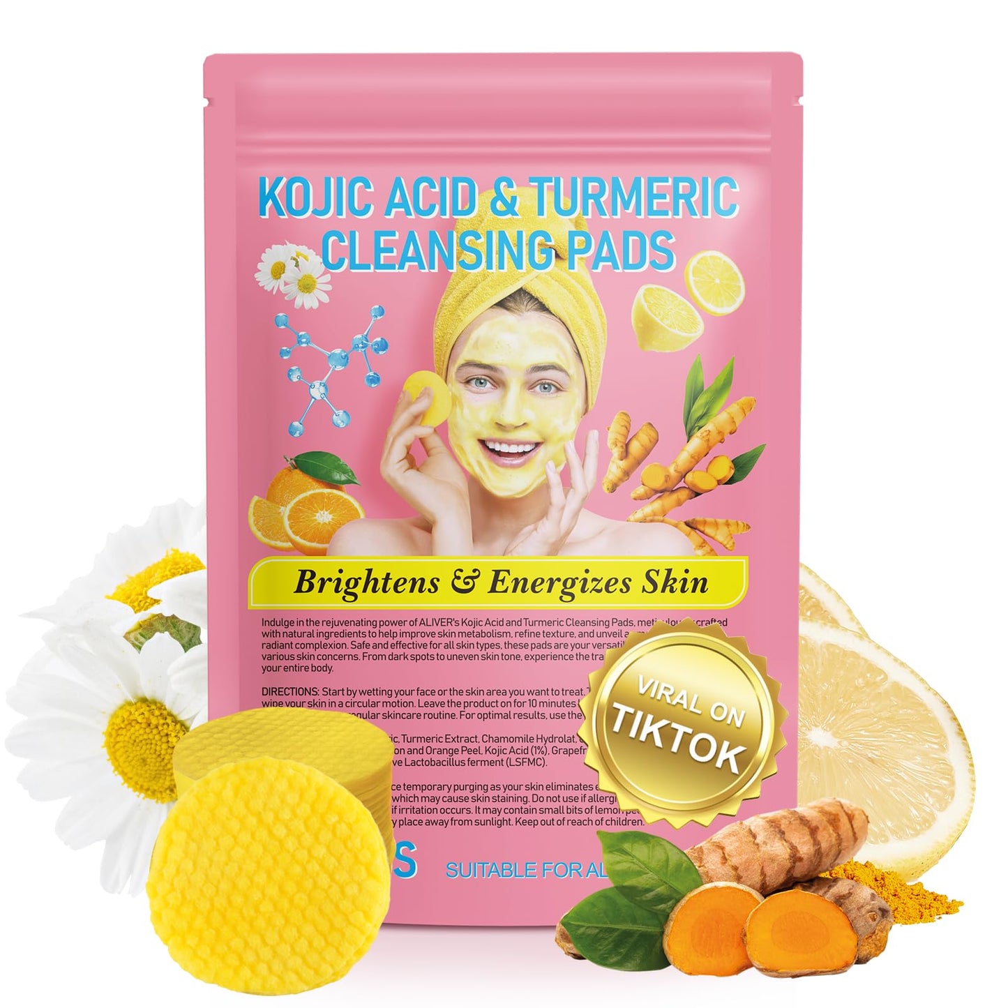 Kojic Acid and Turmeric Cleansing Pads 40Pcs, Turmeric Kojic Acid Pads for Acne Scars Face and Firming Skin, Deep Clean Pores,Exfoliating, Enriched Vitamin C, Gentle & Non-Irritating for Face Body