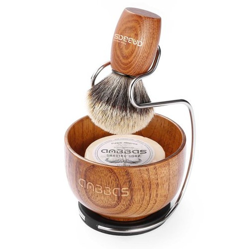Anbbas 4in1 Shaving Set, Pure Badger Hair Shaving Brush Wood Handle and Large Soap Bowl,Stainless Steel Shaving Stand with 3.5OZ Natural Shaving Soap Puck Refill for Men