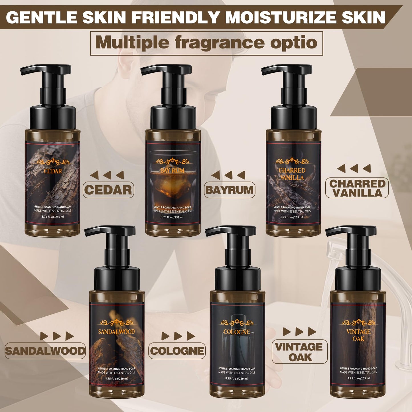 Swiffen 6 Pack Men's Foaming Hand Soap with Pump Care Moisturizing Liquid Gentle Foam Hand Wash Cedar, Sandalwood, Bay Rum, Cologne, Charred Vanilla, Vintage Oak for Kitchen or Bathroom