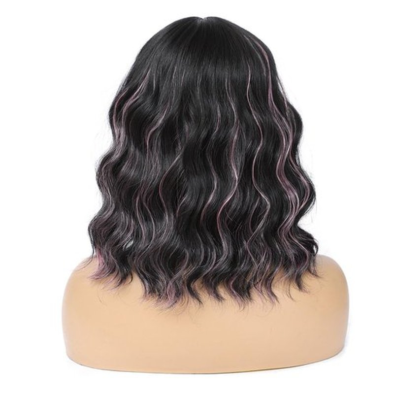 Amarlis Black Mix Pink Wigs for Women, 14 Inch Wavy Bob Wig with Bangs, Natural Looking Soft Heat Resistant Synthetic Fiber Wig for Daily Party Use