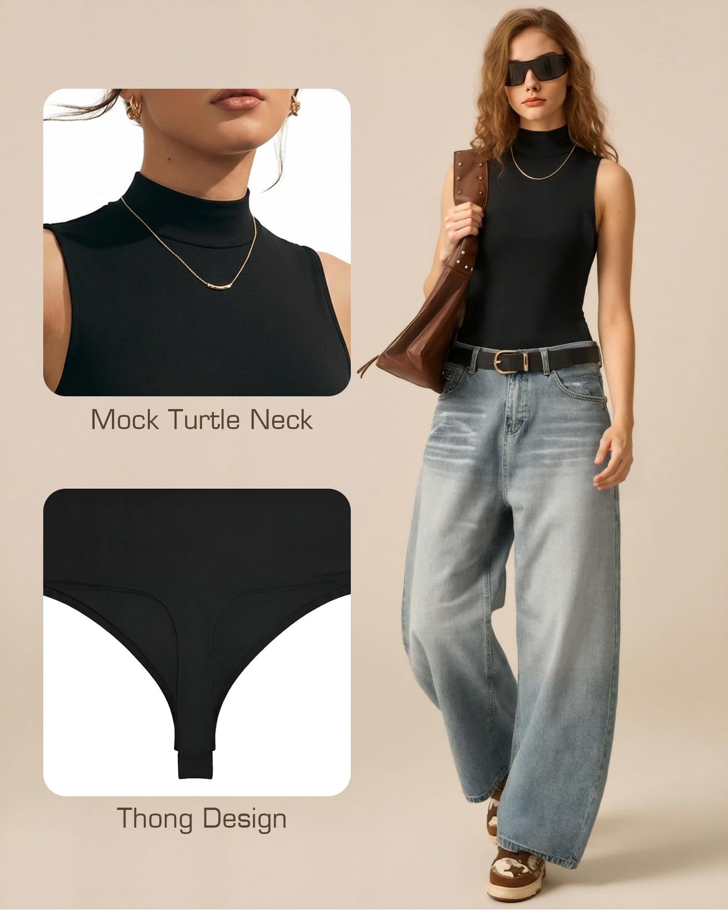 MANGOPOP Women's Mock Turtle Neck Long Sleeve Tops Bodysuit Jumpsuit