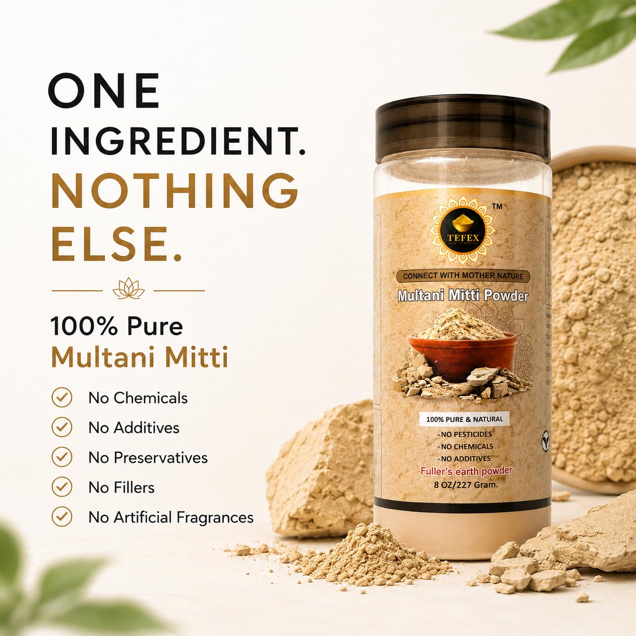 TEFEX ENTERPRISES Multani Mitti Powder (Fuller’s Earth) – 227 Grams / 8 oz | 100% Natural Clay for Face Mask, Skin Detox & Oil Control | Airtight Bottle
