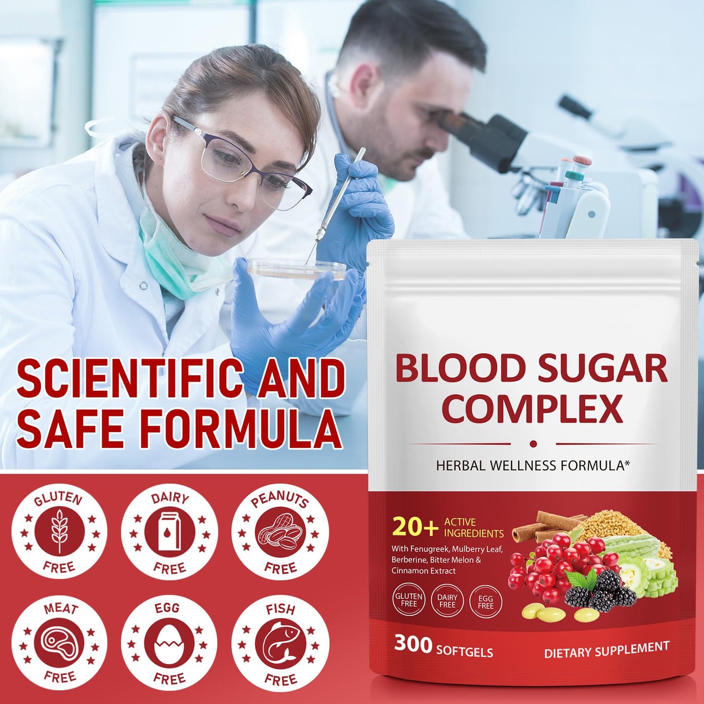 300 Softgels Blood Sugar Complex Supplement | 20+ Active Herbs-Berberine, Cinnamon, Bitter Melon, Mulberry Leaf, Fenugreek, Vitamins for Energy Level, Vitality Support | Clean Formula