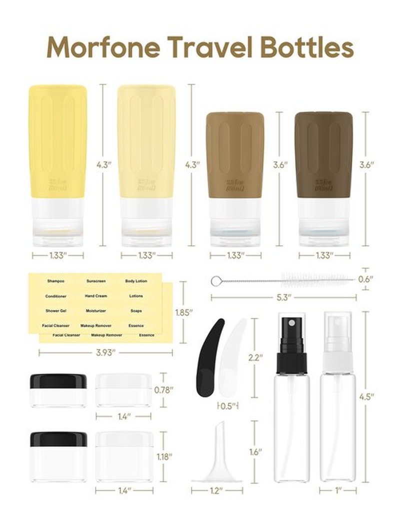 Morfone 16 Pack Silicone Travel Bottles Set for Toiletries TSA Approved Travel Containers Leakproof Squeezable Refillable Accessories 2oz 3oz for Shampoo Conditioner Lotion Liquids (Brown Yellow)