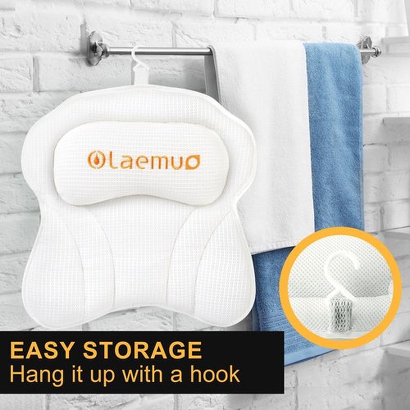 Olaemuo Bath Pillow Luxury Bathtub Pillow, Comfortable Bath Tub Pillows for Tub Head Neck Back Support, Shower Pillows for Tub, Bath Tub Pillow Headrest with Strong Suction Cups, Spa Accessories-White