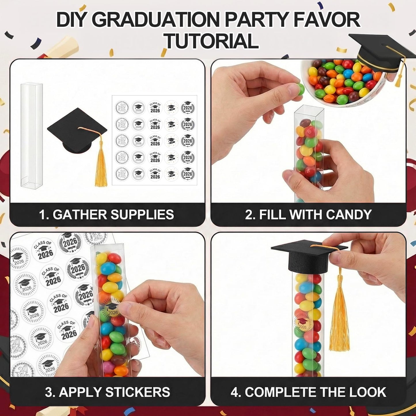 janbrm 2026 Graduation Candy Tubes 50 Pcs Graduation Candy Containers and 50 pcs Mini Caps Grad Cap Candy Box with Stickers Graduation Supplies Graduation Party Favors (Black)