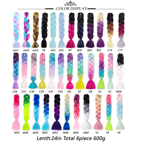 Maysa Rainbow Braiding Hair 24in Jumbo Braiding Hair 6Packs Soft Synthetic Colored Hair Extensions for Kids #Sky blue-Pink-Purple-Rose red